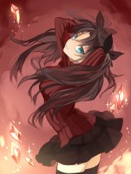 Rule 34 | 1girl, arms behind head, arms up, bad id, bad pixiv id, black thighhighs, blue eyes, brown hair, buun ko, fate/stay night, fate (series), fire, gem, hair ribbon, head tilt, highres, long hair, long sleeves, looking at viewer, pleated skirt, ribbed sweater, ribbon, skirt, solo, sweater, thighhighs, tohsaka rin, turtleneck, twintails, two side up, zettai ryouiki