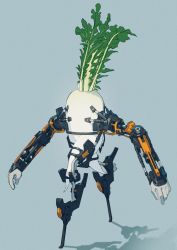 Rule 34 | commentary request, daikon, exoskeleton, facing viewer, food, food focus, grey background, highres, leaf, legs apart, match (idleslumber), mechanical arms, mechanical legs, no humans, original, radish, simple background, solo, vegetable, walking