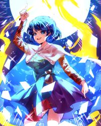 Rule 34 | 1girl, bag, blue eyes, blue hair, cape, commentary, dress, english commentary, hairband, highres, long sleeves, looking at viewer, multicolored clothes, multicolored dress, open mouth, pointing, pointing down, pointing up, short hair, sinkoart, sky print, solo, teeth, tenkyuu chimata, touhou, upper teeth only, white cape