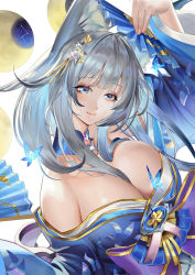 Rule 34 | 1girl, animal ear fluff, animal ears, arm up, azur lane, bare shoulders, between breasts, blue butterfly, blue eyes, blue kimono, breasts, bug, butterfly, cleavage, closed mouth, detached collar, fingernails, folding fan, fox ears, fox girl, glint, hair between breasts, hair ornament, hand fan, highres, holding, holding fan, insect, japanese clothes, jujumaho (nanigaxila), kimono, large breasts, long hair, long sleeves, looking at viewer, moon, off shoulder, shinano (azur lane), silver hair, smile, solo, upper body, white background, wide sleeves