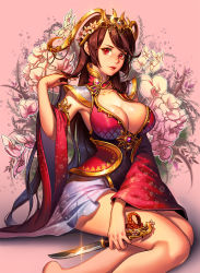 Rule 34 | 1girl, barefoot, breasts, brown hair, cleavage, dagger, detached sleeves, floral background, glint, hand in own hair, highres, holding, holding knife, knife, large breasts, long hair, looking at viewer, minj kim, original, parted lips, pink background, realistic, red eyes, sitting, skirt, solo, sparkle, swept bangs, very long hair, weapon, wide sleeves, yokozuwari