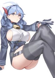 Rule 34 | :o, absurdres, ako (blue archive), ass, bell, black gloves, black skirt, blue archive, blue coat, blue eyes, blue hair, blue hairband, breasts, coat, cowbell, earrings, foreshortening, garter straps, gloves, hair between eyes, hairband, half gloves, halo, highres, holding, holding pen, jewelry, large breasts, leash, long hair, looking at viewer, miniskirt, mung (larnec), neck bell, open mouth, pen, red ribbon, revision, ribbon, sideboob, simple background, sitting, skirt, stud earrings, thighhighs, white background