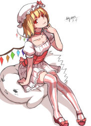Rule 34 | 1girl, alternate costume, artist name, blonde hair, choker, dated, dress, flandre scarlet, full body, hat, highres, looking at viewer, mary janes, myero, red eyes, shoes, short hair, signature, simple background, sitting, sketch, smile, solo, striped clothes, striped thighhighs, thighhighs, touhou, vertical-striped clothes, vertical-striped thighhighs, white background, wings, zettai ryouiki