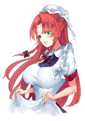 Rule 34 | 1girl, alternate costume, apron, apron hold, aqua eyes, bow, braid, breasts, deetamu, enmaided, hair bow, hat, highres, hong meiling, long hair, maid, maid apron, mob cap, open mouth, red hair, short sleeves, simple background, solo, touhou, twin braids, upper body, white apron, white background