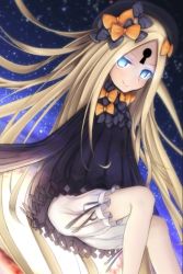 Rule 34 | 1girl, abigail williams (fate), black bow, black dress, black hat, blonde hair, bloomers, blue eyes, bow, bug, butterfly, closed mouth, commentary request, dress, fate/grand order, fate (series), glowing, glowing eyes, hair bow, hat, insect, keyhole, long hair, long sleeves, night, night sky, onion (kumagaioyr), orange bow, parted bangs, polka dot, polka dot bow, sitting, sky, sleeves past fingers, sleeves past wrists, smile, solo, star (sky), starry sky, underwear, very long hair, white bloomers