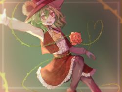 Rule 34 | 1girl, ascot, bad id, bad pixiv id, blurry, collared shirt, cosplay, flower, flower ornament, frills, green hair, hat, heart, highres, kazami yuuka, komeiji koishi, komeiji koishi (cosplay), leggings, long skirt, long sleeves, ochio, outstretched arm, pantyhose, plaid, plaid skirt, plaid vest, plant, red eyes, red headwear, red skirt, red vest, ribbon, rose, shirt, short hair, skirt, sunflower, thorns, touhou, vest, vines, wavy hair, white shirt, yellow ascot