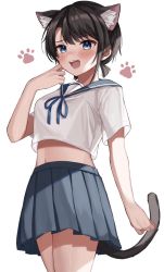 Rule 34 | 1girl, animal ear fluff, animal ears, blue eyes, blue ribbon, blue sailor collar, blue sky, blush, brown hair, cat ears, cat tail, commentary, cowboy shot, cropped shirt, curled fingers, furrowed brow, hand to head, highres, hololive, midriff, moonbell, navel, neck ribbon, nose blush, oozora subaru, open mouth, paw print, ribbon, sailor collar, short twintails, simple background, sky, solo, standing, sweatdrop, tail, twintails, virtual youtuber, white background