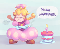 Rule 34 | 1girl, puff of air, anniversary, annoyed, blonde hair, bow, braid, brown footwear, cake, candle, cigarette, closed mouth, crossed arms, crown, dress, earrings, elbow gloves, english text, food, frown, full body, gloves, grey eyes, jewelry, jitome, long dress, long hair, looking away, mario (series), new super mario bros. u deluxe, nintendo, no nose, peachette, pink bow, pink dress, plate, puffy short sleeves, puffy sleeves, shadow, shoes, short sleeves, smoke, solid eyes, solo, speech bubble, squatting, super crown, supersatanson, toadette, twin braids, twintails, white gloves