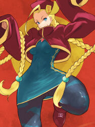 Rule 34 | 1girl, ahoge, blonde hair, blue eyes, braid, breasts, cammy white, camouflage, camouflage legwear, china dress, chinese clothes, commentary request, dress, facial scar, hat, high collar, highres, huge ahoge, jiangshi costume, knee up, long hair, looking at viewer, medium breasts, ofuda, ofuda on head, pantyhose, qingdai guanmao, red background, scar, scar on cheek, scar on face, sleeves past fingers, sleeves past wrists, solo, street fighter, talisman, twin braids, two-tone background, very long hair, wide sleeves, yellow background, yuenibushi