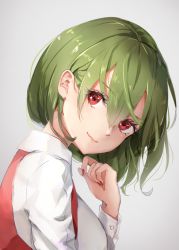 Rule 34 | 1girl, breasts, commentary request, green hair, grey background, hair between eyes, hand up, head tilt, kazami yuuka, long sleeves, looking at viewer, medium breasts, nail polish, red eyes, red nails, red vest, shironeko yuuki, shirt, short hair, simple background, smile, solo, touhou, upper body, vest, white shirt