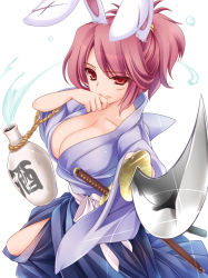 Rule 34 | 1girl, animal ears, breasts, cleavage, foreshortening, japanese clothes, large breasts, monety, original, rabbit ears, red eyes, red hair, short hair, solo, sword, weapon
