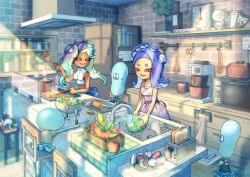 Rule 34 | 2girls, absurdres, analog clock, apple, apron, artist name, asparagus, asymmetrical hair, basket, bell pepper, big man (splatoon), black apron, black shirt, blue hair, blue skirt, blush, bottle, bowl, box, bread, bread slice, breasts, brick wall, brown eyes, cabbage, cable, carrot, chair, character doll, clock, closed eyes, coffee maker, coffee mug, coffee pot, commentary request, cooking, corn, corn cob, counter, crop top, cup, cutting board, dark-skinned female, dark skin, dish rack, drawer, dress, electrical outlet, eyelashes, faucet, food, fork, fruit, frying pan, gradient hair, grey shirt, hand up, highres, holding, holding food, holding knife, holding spatula, holding tray, indoors, jar, jellyfish (splatoon), judd (splatoon), kitchen, kitchen hood, kitchen knife, knife, ladle, light particles, light rays, long hair, lying, marina (splatoon), medium breasts, microwave, mohawk, moromi (kscd4482), mug, multicolored hair, multiple girls, nintendo, octoling, on back, open mouth, paper towel, paper towel holder, pepper, pepper shaker, plant, plate, potted plant, purple hair, purple sash, raised eyebrows, red hair, refrigerator, salad, salt shaker, sash, scenery, scissors, shadow, shelf, shirt, shiver (splatoon), short eyebrows, short sleeves, sink, sitting, skirt, sleeveless, sleeveless dress, sleeveless shirt, sleeveless turtleneck, smallfry (splatoon), smile, spatula, splatoon (series), splatoon 2, splatoon 3, spoon, standing, steam, stool, stove, suction cups, sweatdrop, t-shirt, teeth, tentacle hair, toast, toaster, tomato, towel, tray, turtleneck, upper teeth only, utensil rack, vegetable, washing, water, white shirt, wooden floor