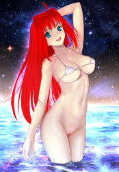 Rule 34 | 1girl, absurdres, ahoge, aozaki aoko, arm up, besmiled, bikini, bikini top only, blue eyes, breasts, collarbone, commentary request, glowing, glowing hair, hair intakes, highres, in water, large breasts, long hair, looking at viewer, mahou tsukai no yoru, melty blood, melty blood: type lumina, micro bikini, navel, night, night sky, open mouth, outdoors, pussy, red hair, sidelocks, sky, smile, solo, star (sky), swimsuit, teeth, tongue, tsukihime, upper teeth only, very long hair, wading, water, wet, white bikini