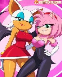 Rule 34 | 2girls, amy rose, breasts, cosplay, costume switch, dress, furry, furry, highres, large breasts, looking at viewer, multiple girls, pink fur, red dress, reit, rouge the bat, skirt, tagme, watermark