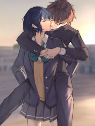 Rule 34 | 1boy, 1girl, absurdres, black-framed eyewear, black hair, black jacket, black pants, blue hair, blurry, blurry background, bow, bowtie, buttons, cardigan, carrying, carrying person, ciel (tsukihime), closed eyes, collared shirt, commentary request, glasses, green bow, grey skirt, hetero, highres, jacket, kiss, long sleeves, madoro q, miniskirt, open clothes, open jacket, outdoors, pants, piggyback, pleated skirt, school uniform, shirt, short hair, skirt, sunrise, tohno shiki, tsukihime, tsukihime (remake), uniform, white shirt, yellow cardigan