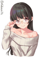 Rule 34 | 1girl, adjusting eyewear, alternate costume, bare shoulders, brown hair, choukai (kancolle), closed mouth, collarbone, cropped torso, ebifurya, highres, kantai collection, long hair, long sleeves, looking at viewer, off-shoulder sweater, off shoulder, red eyes, simple background, smile, solo, striped, sweater, upper body, vertical stripes, white background, white sweater