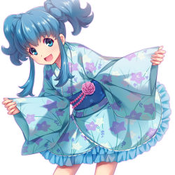 Rule 34 | 10s, 1girl, alternate costume, blue eyes, blue hair, blush, happinesscharge precure!, highres, japanese clothes, kimono, matching hair/eyes, open mouth, precure, sayousuke, shirayuki hime, short hair, solo, twintails, white background, wide sleeves