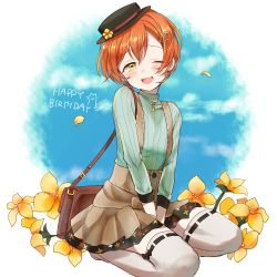 Rule 34 | 1girl, 299 (horisso), ;d, bag, between legs, black hat, blush, brown skirt, flower, green sweater, hair ornament, hairpin, hand between legs, happy birthday, hat, hat flower, hat ribbon, highres, hoshizora rin, jewelry, long sleeves, looking at viewer, love live!, love live! school idol festival, love live! school idol project, one eye closed, open mouth, orange hair, pendant, petals, red ribbon, ribbed sweater, ribbon, ribbon-trimmed legwear, ribbon trim, short hair, shoulder bag, sitting, skirt, smile, solo, suspender skirt, suspenders, sweater, thighhighs, white thighhighs, yellow eyes, yellow flower