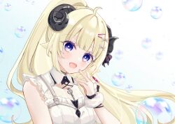 Rule 34 | 1girl, :d, ahoge, animal ears, bare shoulders, black choker, blonde hair, blush, bubble, choker, commentary request, dress, frilled dress, frills, hair ornament, hairclip, hand up, highres, hololive, horns, lace, lace choker, long hair, looking at viewer, official alternate hairstyle, open mouth, ponytail, purple eyes, rino cnc, sheep ears, sheep girl, sheep horns, sleeveless, sleeveless dress, smile, solo, tsunomaki watame, tsunomaki watame (watame night fever!!), upper body, virtual youtuber, white dress