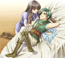 Rule 34 | arm behind head, astrid (fire emblem), bed, belt, black hair, boots, brown eyes, couple, crossed legs, eye contact, fingerless gloves, fire emblem, fire emblem: path of radiance, gloves, grabbing another&#039;s hair, green hair, happy, kneeling, long hair, long sleeves, looking at another, lowres, lying, nintendo, open mouth, pants, scarf, short hair, sitting, smile, sothe (fire emblem), yellow eyes