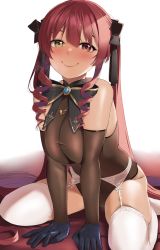 Rule 34 | 1girl, bare shoulders, black gloves, black ribbon, blush, breasts, closed mouth, garter belt, gloves, hair between eyes, hair ribbon, hanging breasts, heart, heavy breathing, heterochromia, highres, hololive, houshou marine, igarashi kyouhei, large breasts, leotard, long hair, looking at viewer, neck ribbon, red eyes, red hair, ribbon, ringlets, see-through, see-through leotard, sitting, smile, solo, thighhighs, thighs, twintails, virtual youtuber, white background, white thighhighs, yellow eyes