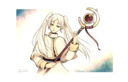 Rule 34 | 1girl, aoharuto, artist name, belt, capelet, dated, earrings, frieren, holding, holding staff, jewelry, long hair, long sleeves, looking at viewer, pointy ears, simple background, skirt, solo, sousou no frieren, staff, twintails, white background, white capelet, white hair, white skirt