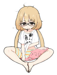 Rule 34 | 10s, 1girl, bad id, bad pixiv id, barefoot, bespectacled, bike shorts, black eyes, blonde hair, blush, butterfly sitting, clothes writing, drooling, feet, feet together, futaba anzu, glasses, hand on own stomach, idolmaster, idolmaster cinderella girls, long hair, messy hair, moru (monaka), shirt, shorts, sitting, solo, striped bike shorts, striped clothes, stuffed animal, stuffed rabbit, stuffed toy, t-shirt, toes, twintails, very long hair