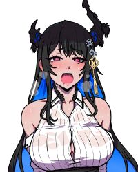 Rule 34 | 1girl, absurdres, akairiot, asymmetrical horns, bare shoulders, black hair, blue hair, breasts, colored inner hair, demon horns, hair ornament, heavy breathing, highres, hololive, hololive english, horns, large breasts, long hair, looking at viewer, mole, mole under eye, multicolored hair, nerissa ravencroft, nerissa ravencroft (1st costume), open mouth, red eyes, shirt, simple background, solo, sweat, transparent background, two-tone hair, uneven horns, virtual youtuber, wet, wet clothes, wet shirt
