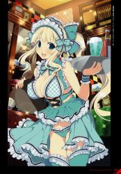 Rule 34 | 10s, 1girl, absurdres, bare shoulders, blonde hair, blush, bow, breasts, cleavage, cup, drinking glass, fingernails, frilled panties, frills, glass bottle, green eyes, hair bow, hair ornament, hairclip, highres, holding, large breasts, long hair, maid headdress, official art, open mouth, page number, panties, scan, senran kagura, shiny skin, sidelocks, sleeveless, smile, solo, sparkle, thighhighs, tray, underwear, wrist cuffs, yaegashi nan, yomi (senran kagura)