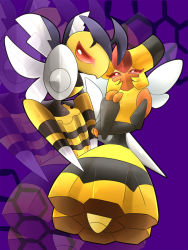 Rule 34 | 1girl, alternate form, bee, beedrill, bug, couple, creatures (company), game freak, gen 1 pokemon, gen 4 pokemon, insect, insect wings, looking at viewer, mega beedrill, mega pokemon, nintendo, no humans, pointing, pokemon, pokemon (creature), purple background, ragujuka, red eyes, serious, smile, sting, vespiquen, wings, zoom layer