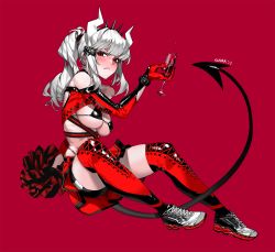 Rule 34 | 1girl, alcohol, alternate costume, artist name, bare shoulders, black bra, black skirt, blush, boots, bra, breasts, cheerleader, commentary, cross-laced footwear, cup, demon tail, drinking glass, elbow gloves, frown, gaak11977, gloves, grey footwear, grey hair, hair ornament, helltaker, holding, horns, lace-up boots, lucifer (helltaker), medium breasts, mole, mole under eye, multicolored clothes, pom pom (cheerleading), ponytail, red background, red eyes, red gloves, red skirt, red theme, red thighhighs, shiny clothes, simple background, skirt, solo, tail, thigh boots, thighhighs, two-tone skirt, underboob, underwear, white horns, wine, wine glass
