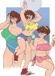 Rule 34 | 1girl, ball, belly, blush, breasts, brown eyes, brown hair, cleavage, collarbone, denim, denim shorts, falling, food, glasses, green one-piece swimsuit, halterneck, highres, holding, holding ball, holding food, ice cream, ice cream cone, large breasts, looking at viewer, looking back, midriff, multiple views, navel, one-piece swimsuit, original, pink skirt, pink tube top, pink tubetop, plump, ponytail, salute, shoes, short hair, short shorts, shorts, sitting, skirt, smile, sneakers, snowcie, snowciel, strapless, swimsuit, tube top