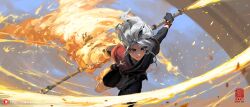 Rule 34 | 1girl, artist name, black gloves, brown eyes, fire, gloves, grey hair, grin, highres, holding, holding weapon, japanese clothes, kan liu (666k), kimono, leaning forward, original, pointy ears, red kimono, smile, solo, weapon