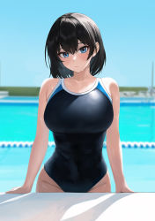 Rule 34 | 1girl, backlighting, bad id, bad twitter id, bare shoulders, bburi, black hair, black one-piece swimsuit, blue eyes, blush, breasts, cleavage, competition school swimsuit, covered navel, highres, large breasts, looking at viewer, mole, mole under eye, one-piece swimsuit, original, pool, poolside, school swimsuit, short hair, solo, swimsuit