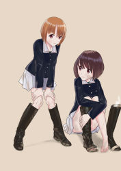 Rule 34 | 2girls, akiyama yukari, barefoot, black footwear, blue jacket, boots, brown eyes, brown hair, closed mouth, commission, dirty, dirty face, girls und panzer, grey background, hands on own knees, highres, jacket, knee boots, leaning forward, leg hold, long sleeves, looking at another, looking at viewer, military, military uniform, miniskirt, multiple girls, nishizumi miho, no socks, ooarai military uniform, pixiv commission, pleated skirt, school uniform, shimei, short hair, simple background, single boot, sitting, skirt, smile, standing, steam, torn footwear, uniform, unworn boot, unworn boots, wet, white skirt