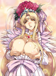 Rule 34 | 10s, 1girl, aphrodite (suite precure), blonde hair, blush, grabbing another&#039;s breast, breast hold, breast lift, breastless clothes, breasts, cleavage, dress, eyelashes, flower, grabbing, hair flower, hair ornament, hisahiko, huge breasts, long hair, nipples, orange eyes, precure, red flower, red rose, rose, solo, suite precure, very long hair, yellow background