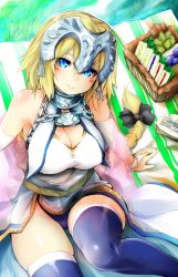 Rule 34 | 1girl, absurdres, bare shoulders, blonde hair, blue eyes, blue thighhighs, blush, braid, breasts, chain, cleavage, collar, elbow gloves, fate/apocrypha, fate (series), food, from above, gloves, headpiece, highres, jeanne d&#039;arc (fate), jeanne d&#039;arc (ruler) (fate), jeanne d&#039;arc (third ascension) (fate), large breasts, long hair, looking at viewer, metal collar, picnic basket, sandwich, sandwiched, single braid, sitting, sleeveless, solo, thighhighs, very long hair, yotaro