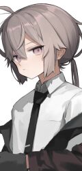 Rule 34 | 1girl, astg, black gloves, black necktie, brown jacket, closed mouth, collared shirt, girls&#039; frontline, gloves, grey hair, hair between eyes, jacket, long sleeves, looking at viewer, m200 (girls&#039; frontline), necktie, off shoulder, open clothes, open jacket, ponytail, purple eyes, shirt, simple background, solo, upper body, white background, white shirt