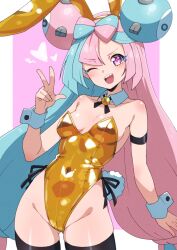 Rule 34 | 1girl, ;d, alternate costume, animal ears, aqua hair, bare shoulders, black thighhighs, bow-shaped hair, breasts, character hair ornament, cleavage, commentary request, covered navel, creatures (company), fake animal ears, fake tail, game freak, gold leotard, hair ornament, heart, highres, iono (pokemon), kamidan, leotard, long hair, looking at viewer, medium breasts, multicolored hair, nintendo, one eye closed, open mouth, pink background, pink hair, playboy bunny, pokemon, pokemon sv, purple eyes, rabbit ears, rabbit tail, sharp teeth, smile, solo, split-color hair, tail, teeth, thighhighs, thighs, two-tone background, two-tone hair, upper teeth only, v, very long hair, white background