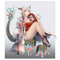 Rule 34 | :3, arknights, boots, border, closed mouth, coat, dmt (auburn), dragon girl, dragon horns, dragon tail, elbow gloves, full body, gloves, grey background, highres, horns, long hair, looking at viewer, nian (arknights), pointy ears, ponytail, purple eyes, red gloves, red tube top, shorts, sitting, smile, strapless, tail, tube top, white border, white coat, white footwear, white hair, white shorts