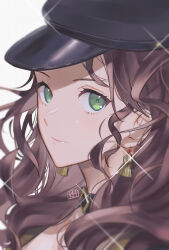 1girl black_hat brown_hair cabbie_hat closed_mouth commentary dorothea_arnault earrings english_commentary fire_emblem fire_emblem:_three_houses green_eyes hat highres jewelry kh_(tanakananataka) long_hair looking_at_viewer nintendo simple_background smile solo upper_body white_background