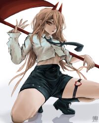 Rule 34 | 1girl, artist name, black footwear, black necktie, black shorts, blonde hair, chainsaw man, collared shirt, crop top, cross-shaped pupils, dated, floating neckwear, hair over one eye, highres, holding, holding scythe, horns, legband, long hair, looking at viewer, necktie, power (chainsaw man), red horns, scythe, shirt, shorts, simple background, solo, squatting, symbol-shaped pupils, taorotana, white background, white shirt, yellow eyes