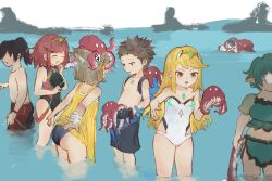 Rule 34 | 3boys, 4girls, aged down, anger vein, angry, animal, animal ear fluff, animal ears, animal on head, ass, backpack, bag, blonde hair, brown hair, cat ears, chest jewel, daible, dress, gloves, grey hair, highres, holding, holding animal, leaning forward, male swimwear, multiple boys, multiple girls, mythra (radiant beach) (xenoblade), mythra (xenoblade), nia (fancy sundress) (xenoblade), nia (xenoblade), noah (xenoblade), octopus, official alternate costume, on head, one-piece swimsuit, open mouth, pandoria (beach date) (xenoblade), pandoria (xenoblade), partially submerged, pout, pyra (pro swimmer) (xenoblade), pyra (xenoblade), red hair, rex (cloud sea shark) (xenoblade), rex (xenoblade), smile, sound effects, sundress, swim trunks, swimsuit, tentacles, tiara, water, wet, wet clothes, wet hair, xenoblade chronicles (series), xenoblade chronicles 2, xenoblade chronicles 3, zeke von genbu (surfinator) (xenoblade), zeke von genbu (xenoblade)