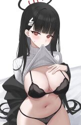 Rule 34 | 1girl, absurdres, black bra, black hair, black panties, blue archive, blush, boneseing, bra, breasts, clothes lift, hair ornament, hairclip, halo, hand on own chest, highres, large breasts, long hair, long sleeves, looking at viewer, navel, panties, red eyes, rio (blue archive), solo, sweater, sweater lift, underwear, white background