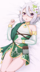 Rule 34 | 1girl, antenna hair, bare shoulders, bed sheet, blush, detached sleeves, dress, flower, foot out of frame, hair between eyes, hair flower, hair ornament, hand on own stomach, highres, kokkoro (princess connect!), long sleeves, lying, on back, on bed, open mouth, pointy ears, princess connect!, purple eyes, see-through, short hair, silver hair, sleeveless, sleeveless dress, solo, takasuma hiro, thighs, white flower