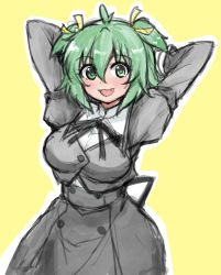 Rule 34 | 1girl, :d, absurdres, antenna hair, arms behind head, arms up, assault lily, black ribbon, black skirt, blush, breasts, cowboy shot, cropped jacket, fang, green eyes, green hair, hair between eyes, hair ribbon, high-waist skirt, highres, juliet sleeves, large breasts, long sleeves, looking at viewer, neck ribbon, open mouth, outline, puffy sleeves, ribbon, school uniform, short hair, simple background, sketch, skirt, smile, solo, standing, two side up, white outline, yellow background, yellow ribbon, yoshimura thi mai, yunodon (sugar maple), yurigaoka girls academy school uniform