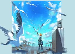 Rule 34 | 1girl, arm up, bird, bird feeding, black gloves, blue pants, blue sky, crate, gloves, highres, ishmael (project moon), lantern, limbus company, long sleeves, orange hair, overalls, pants, project moon, seagull, ship deck, shiqicheng, shirt, short hair, sky, sleeves rolled up, solo, standing, towel, white shirt, wide shot