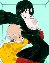 Rule 34 | 1boy, 1girl, against wall, blush, cape, cramped, dress, flustered, fubuki (one-punch man), gloves, green eyes, highres, in locker, jumpsuit, nervous, one-punch man, red gloves, saitama (one-punch man), short hair, sketch, surprised, yellow jumpsuit