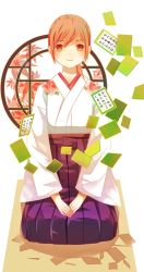 Rule 34 | 1girl, ayase chihaya, brown eyes, brown hair, card, chihayafuru, female focus, full body, indoors, japanese clothes, kimono, kneeling, leaf, maple leaf, plant, ponytail, smile, solo, traditional clothes, white background