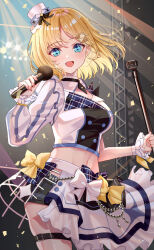 Rule 34 | 1girl, :d, blonde hair, blue eyes, breasts, cleavage, cleavage cutout, clothing cutout, crop top, hair ornament, hat, highres, hololive, hololive english, hololive idol uniform (bright), idol, looking at viewer, medium breasts, microphone, midriff, mini hat, mini top hat, navel, open mouth, shirase rin, short hair, single sleeve, skirt, smile, solo, thigh strap, top hat, virtual youtuber, watson amelia
